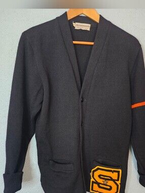 Henderson's Men's Black Cardigan Sweater with Orange Patch